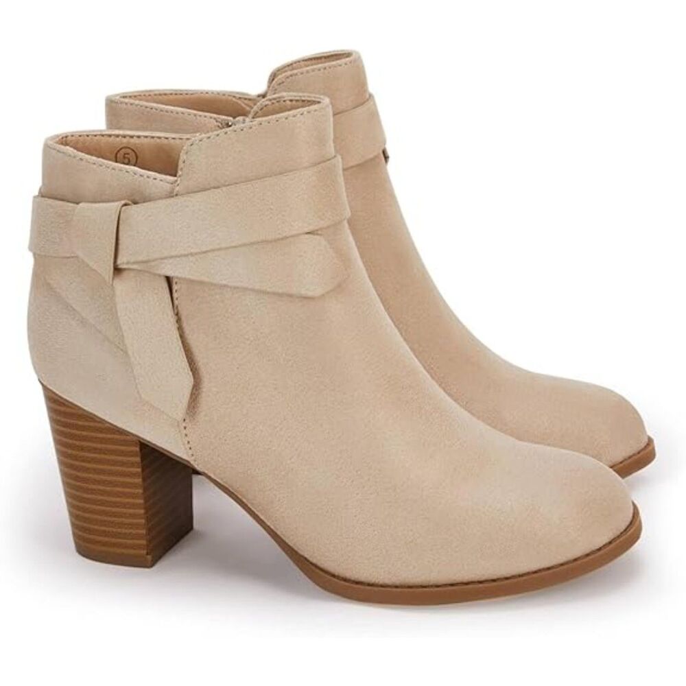 Women's Nude Closed Toe Stacked Heel Tie Knot Side ZIP Chelsea Pump Ankle Boots